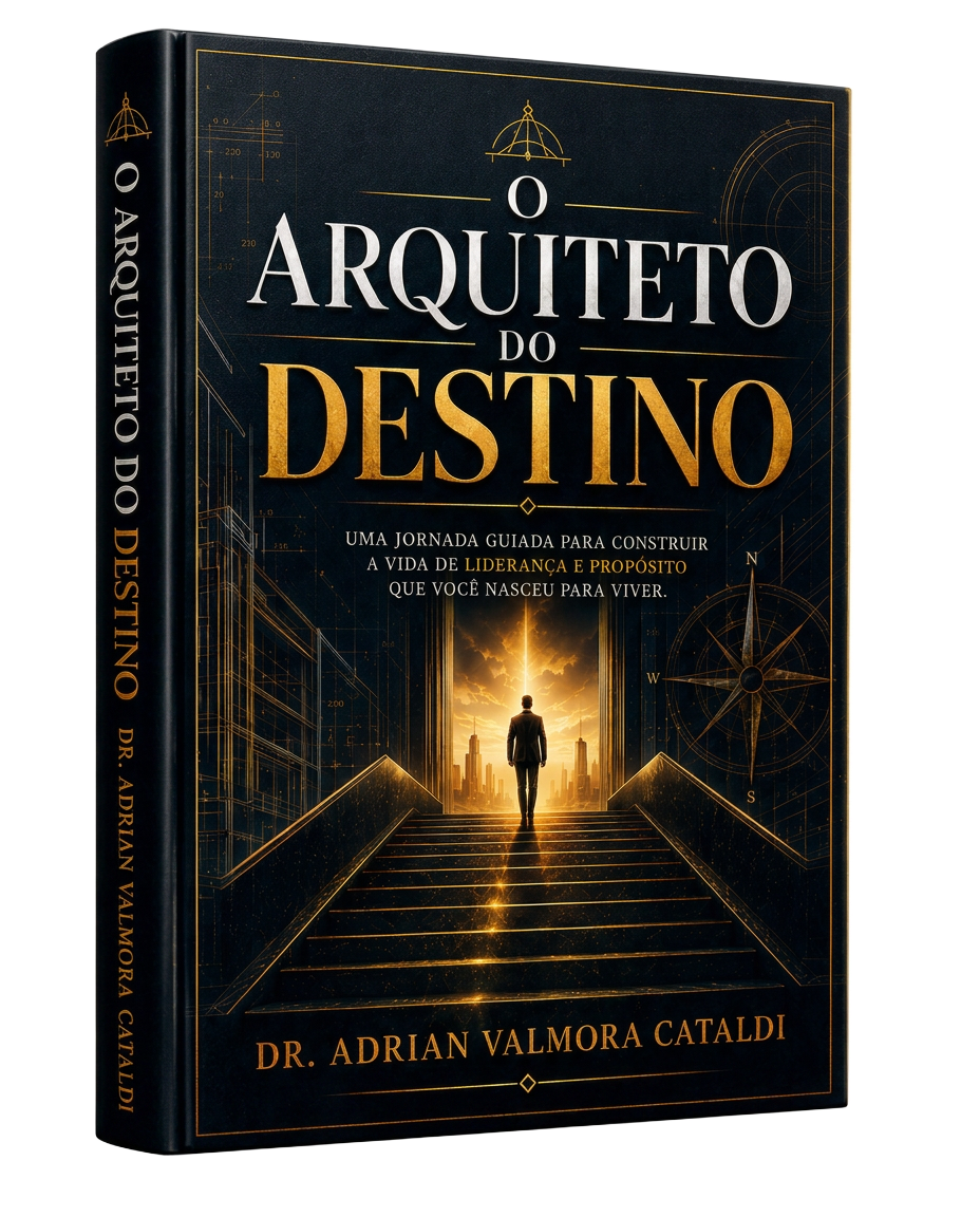 Mockup 3D do livro O Arquiteto do Destino, por Dr. Adrian Valmora Cataldi, capa em azul-marinho com detalhes dourados.