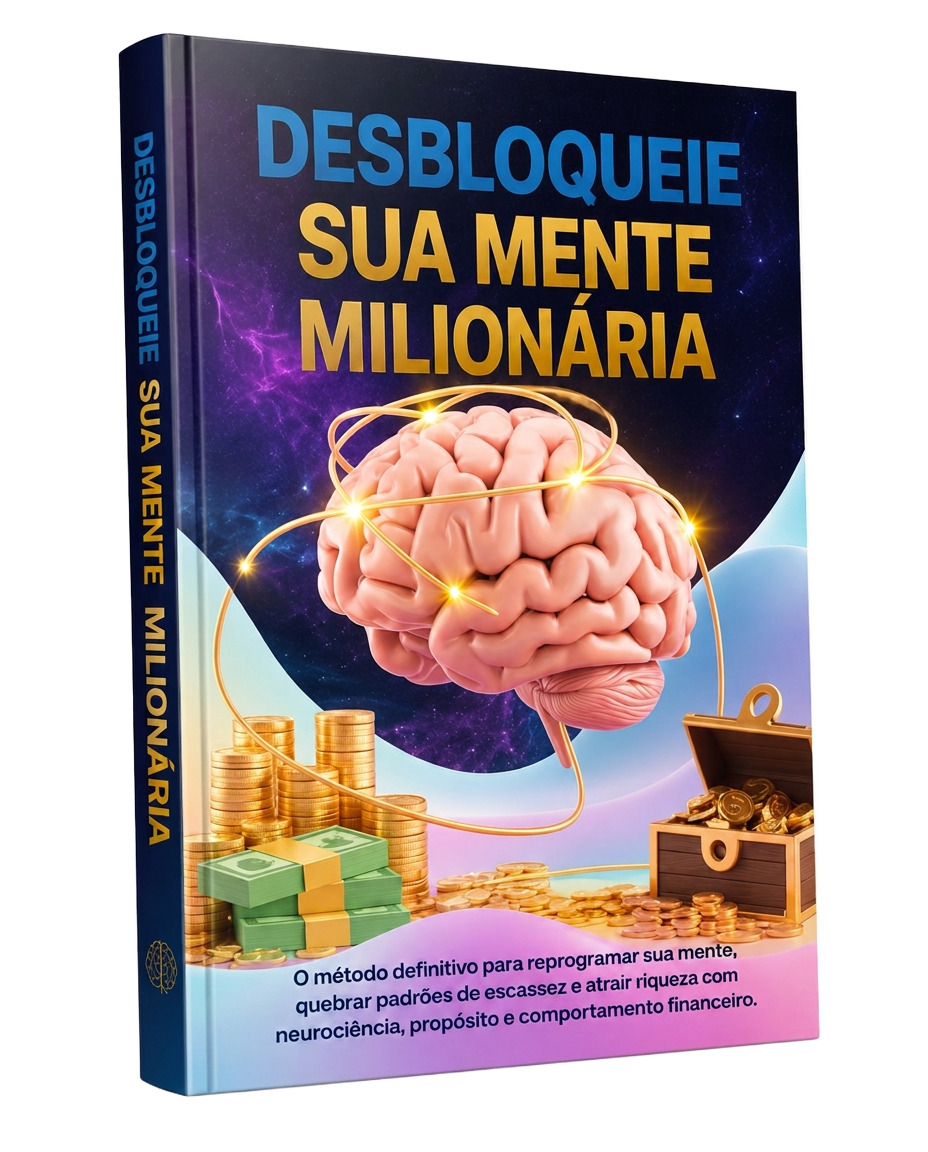 Mockup 3D do e-book bônus Desbloqueie Sua Mente Milionária