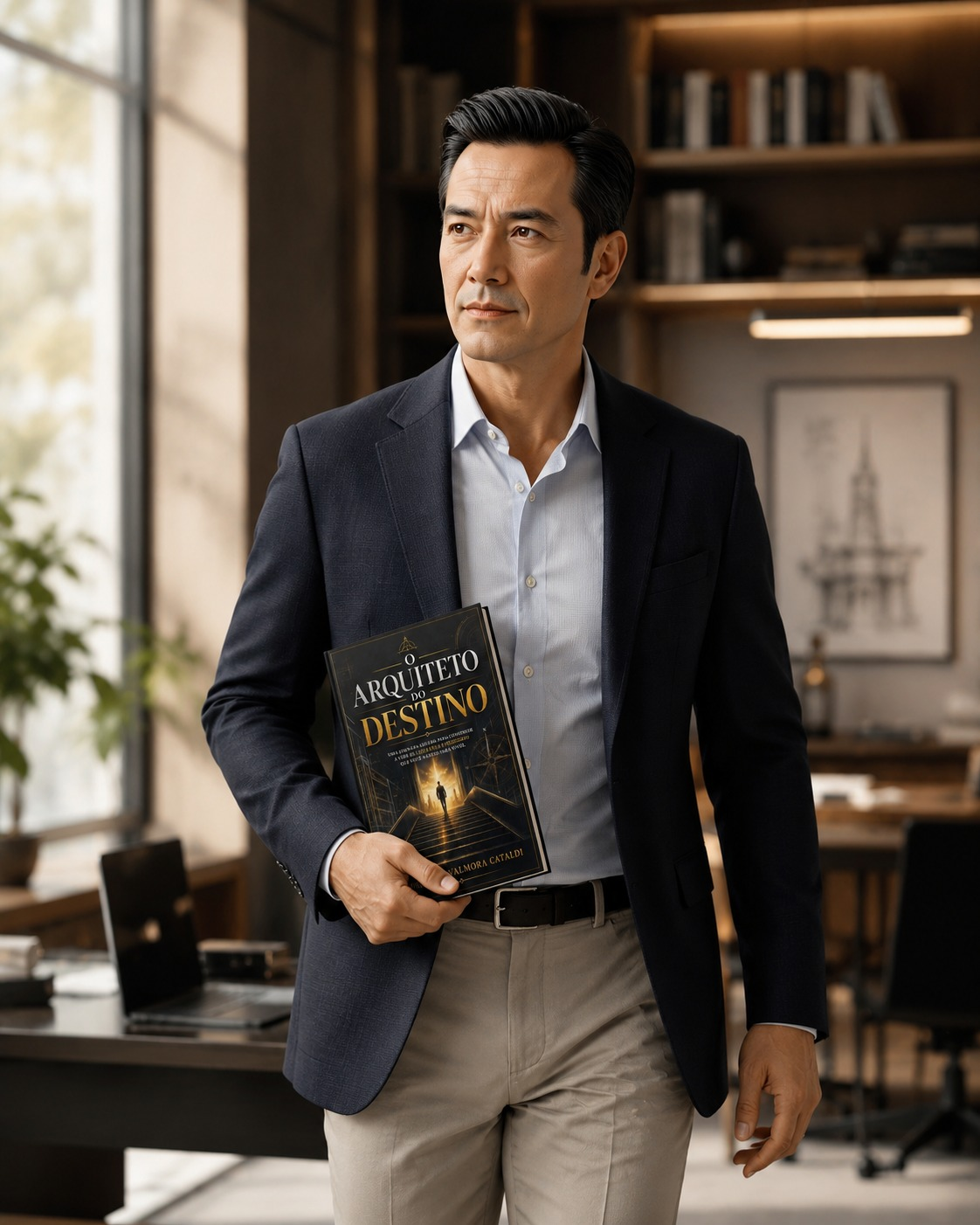 Dr. Adrian em pé, segurando o livro O Arquiteto do Destino em um ambiente de escritório luminoso.
